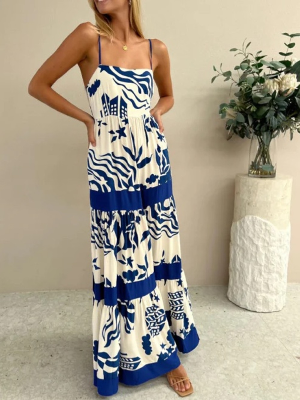 Women’s Blue and White Maxi Dress - Sleeveless Summer Beach Dress